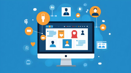 Social Media Marketing with Post Scheduling and Engagement Metrics - An illustration of social media marketing, displaying a scheduler, social media posts, and engagement metrics on a computer screen