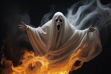 Ghost, Halloween, spooky, scary, horror, supernatural, apparition, specter, phantom, spirit, haunting, eerie, creepy, nightmare, costume, mask, sheet, white, flames, fire, smoke, dark, night screaming