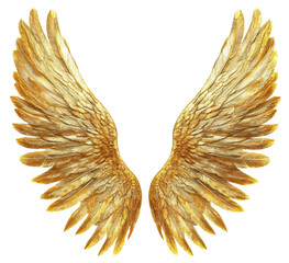 Golden angel wings against a white background, cut out - stock png.