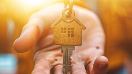A person holds a house key shaped like a home, symbolizing new beginnings and homeownership during a warm sunset. - Powered by Adobe