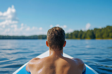 Fototapeta premium Man Relaxing on Paddleboard in Serene Lake