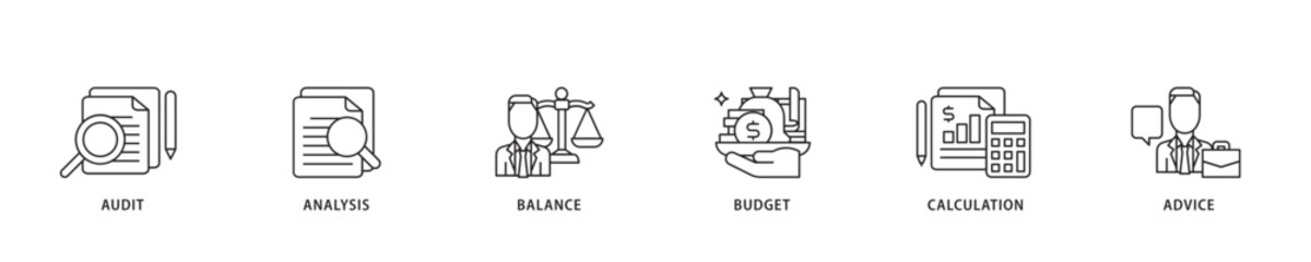 Accounting icon sett lineal illustration concept with icon of audit, analysis, balance, budget, calculation, and advice icon live stroke and easy to edit 