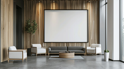 A sleek office waiting room with polished wooden details, a blank poster on the wall, and modern decor, rendered in detailed 3D.
