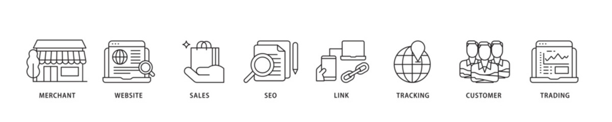 Affiliate marketing icon sett lineal illustration concept with icon of trading, seo, tracking, customer, link, sales, website, merchant icon live stroke and easy to edit 
