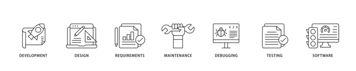 Agile icon sett lineal illustration concept with icon of development, design, requirements, maintenance, debugging, testing and software icon live stroke and easy to edit 