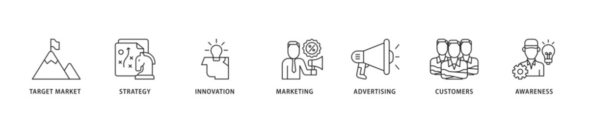 Brand icon sett lineal illustration concept with icon of target market, strategy, innovation, marketing, advertising, customers, and awareness icon live stroke and easy to edit 
