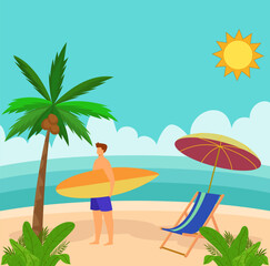 Vector illustration of a young man in swimming trunks walking with his board. Concept of summer, summer vacation, relaxation, tourism, rest and sunbathing