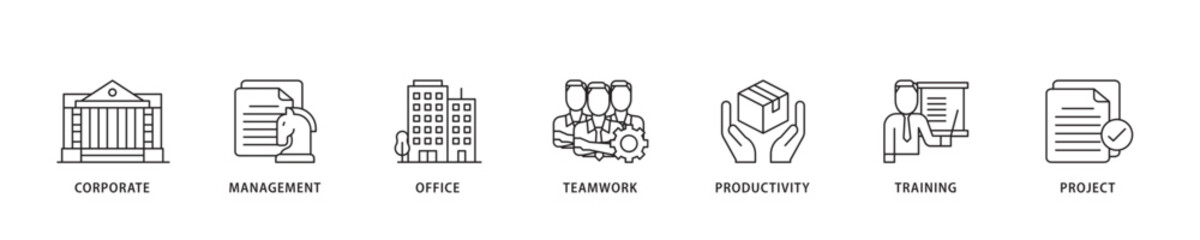 Corporate management icon sett lineal illustration concept with icon of corporate, management, office, teamwork, productivity, training and project icon live stroke and easy to edit 