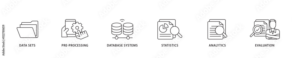 Fototapete data mining icon sett lineal illustration concept with icon of data sets, pre processing, database s