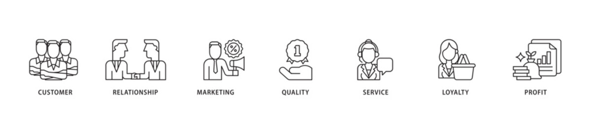 Customer relationship icon sett lineal illustration concept with icon of customer, relationship, marketing, quality, service, loyalty and profit icon live stroke and easy to edit 