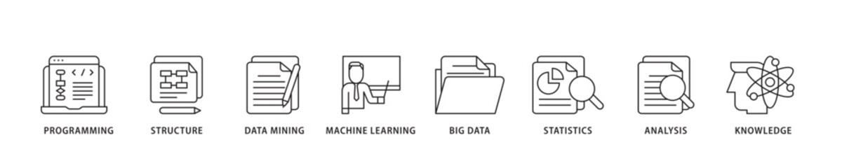 Data science icon sett lineal illustration concept with icon of data, classification, analyze, statistics, solving, decision and knowledge icon live stroke and easy to edit 