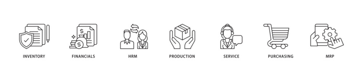 ERP icon sett lineal illustration concept with icon of inventory, financials, hrm, production, service, purchasing, and mrp icon live stroke and easy to edit 