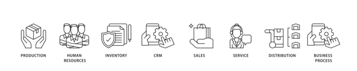 Enterprise resource planning icon sett lineal illustration concept with icon of production, human resources, inventory, crm, sales, service icon live stroke and easy to edit 