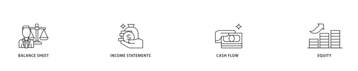 Financial statements icon sett lineal illustration concept with icon of graph, balance sheet, pie chart, income statements, money, calculator, income, earningicon live stroke and easy to edit 