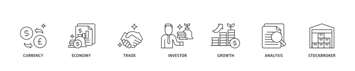 Forex icon sett lineal illustration concept with icon of currency, economy, trade, investor, growth, analysis and stockbroker icon live stroke and easy to edit 