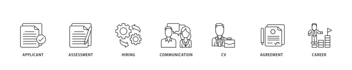 Job interview icon sett lineal illustration concept with icon of applicant, assessment, hiring, communication, cv, agreement and career icon live stroke and easy to edit 