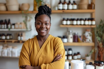 Smiling woman in yellow outfit standing in a natural products store, surrounded by shelves of organic goods and cosmetics..
