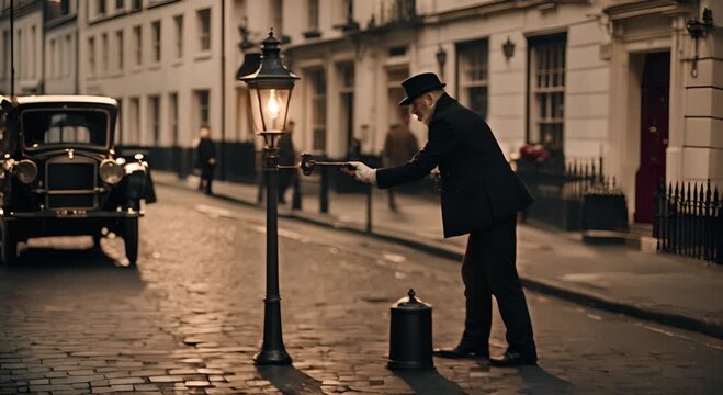 Man lighting gas lamps in London.