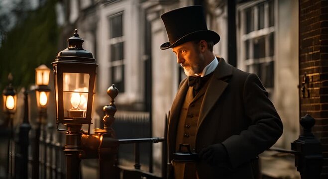 Man lighting gas lamps in London.