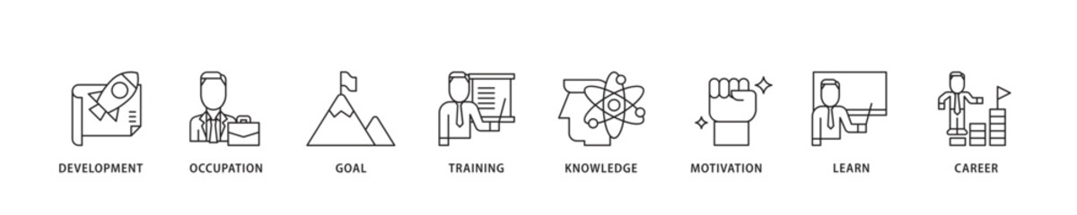 New skills icon sett lineal illustration concept with icon of development, occupation, goal, training, knowledge, motivation, learn and career icon live stroke and easy to edit 