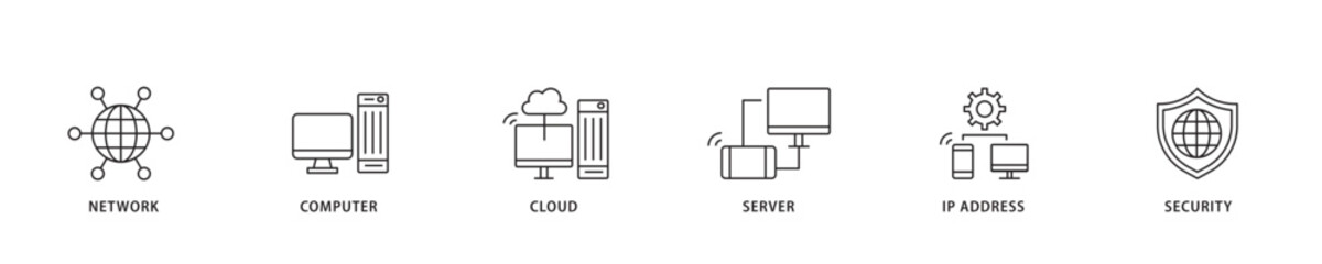 Network technology icon sett lineal illustration concept with icon of network, computer, cloud, server, ip address and security icon live stroke and easy to edit 