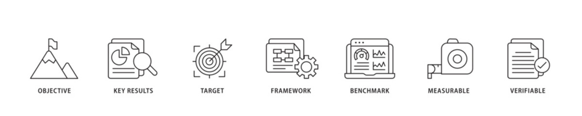 OKR icon sett lineal illustration concept with icon of objective, key results, target, framework, benchmark, measurable, and verifiable icon live stroke and easy to edit 