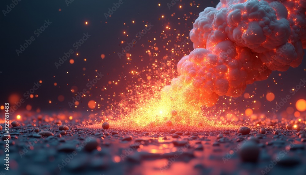 Poster vivid display of an orange explosion with scattered particles on a dark surface.