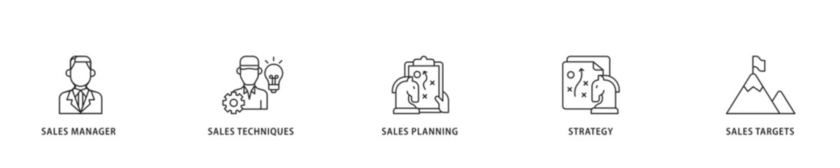 Sales management icon sett lineal illustration concept with icon of manager, sales techniques, planning, strategy, and targets icon live stroke and easy to edit 