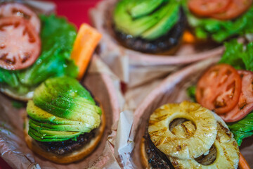 Avocado and pineapple burgers, Kua Aina Sandwich Shop, North Shore, Haleiwa town, Oahu Hawaii