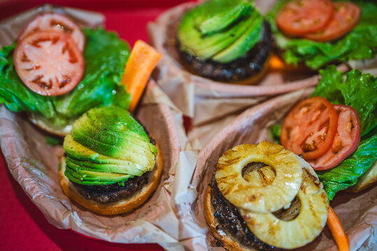 Avocado and pineapple burgers, Kua Aina Sandwich Shop, North Shore, Haleiwa town, Oahu Hawaii