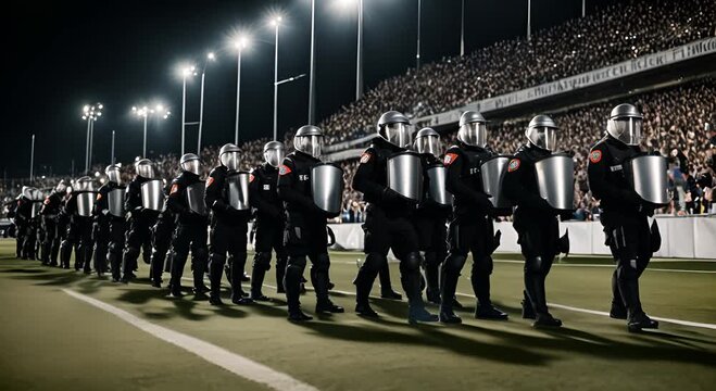 Riot police at a football stadium.