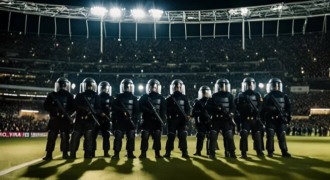 Riot police at a football stadium.