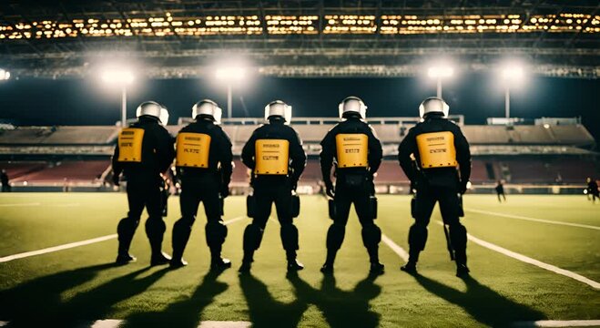 Riot police at a football stadium.