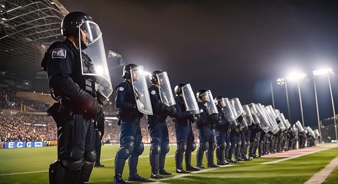 Riot police at a football stadium.