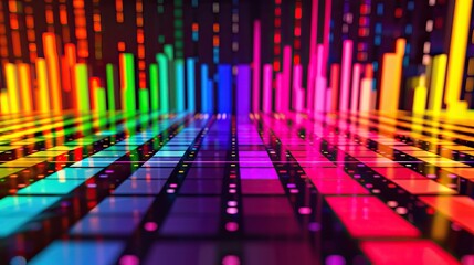 Vibrant Abstract Visualization of Colorful Sound Waves and Bars in Digital Equalizer
