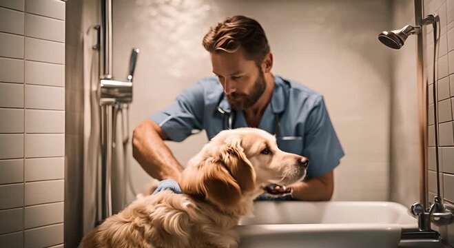 Veterinarian doctor showering a dog at the veterinary clinic.