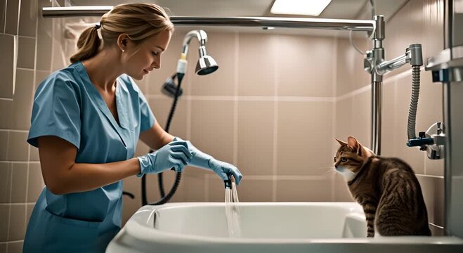 Veterinarian doctor showering a cat at the veterinary clinic.