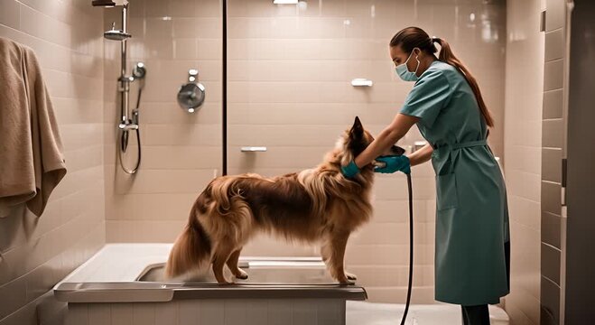 Veterinarian doctor showering a dog at the veterinary clinic.
