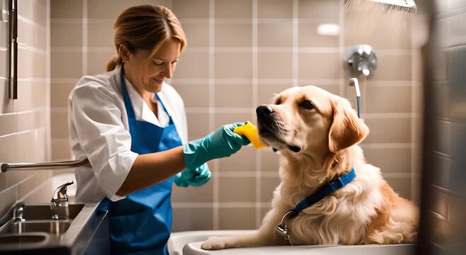Veterinarian doctor showering a dog at the veterinary clinic.