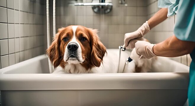 Veterinarian doctor showering a dog at the veterinary clinic.