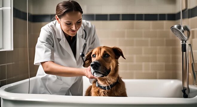 Veterinarian doctor showering a dog at the veterinary clinic.