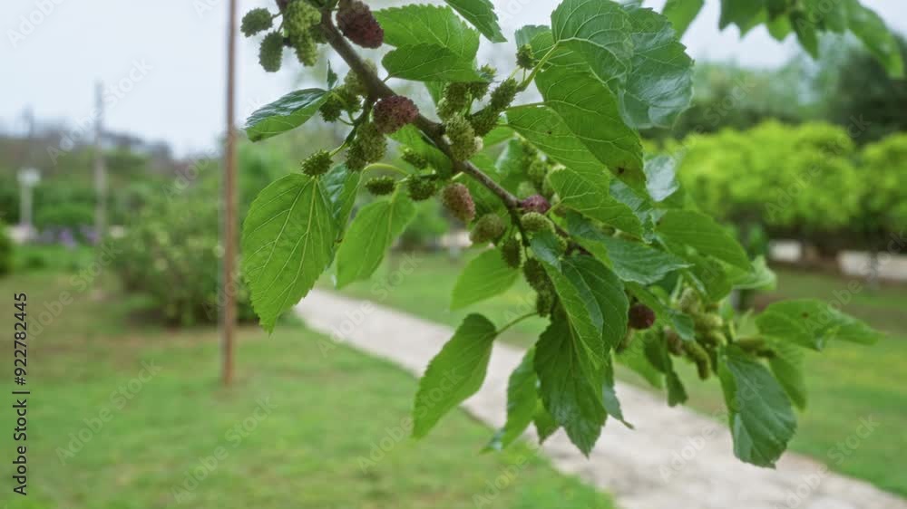 Wall mural a lush mulberry tree branch with developing fruits and vibrant green leaves is captured in an outdoo