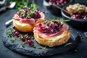 Baked camembert in parma ham on brioche with berry jam. Elegant food - hot appetizer of camembert and ham in summer menu. Cheese appetizer in fine - generative ai