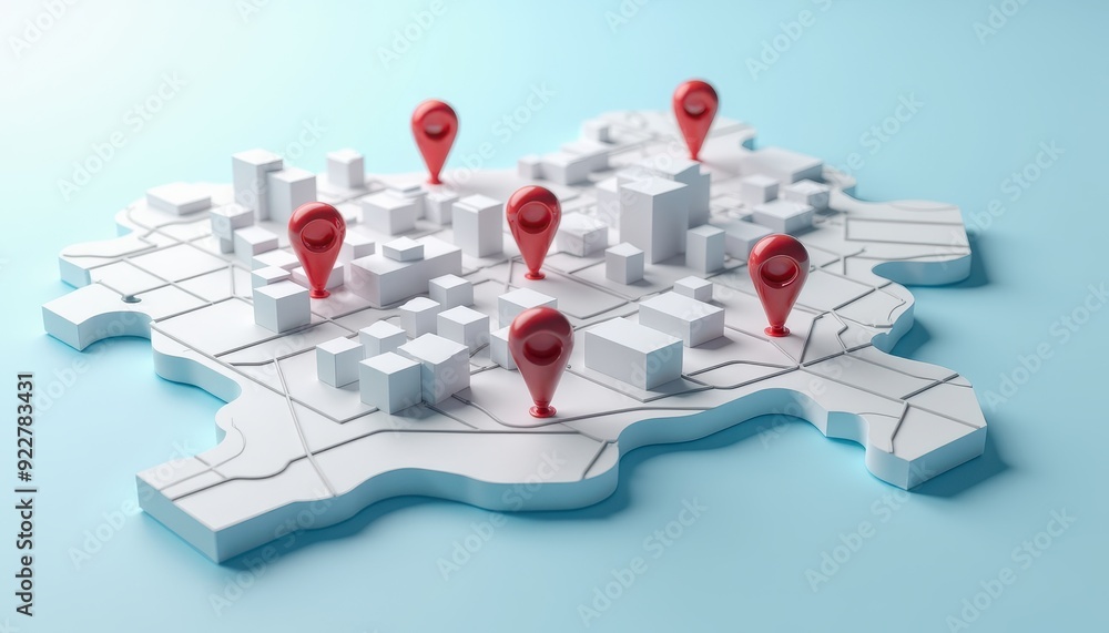 Poster 3d map with red location markers, representing geographical points of interest.
