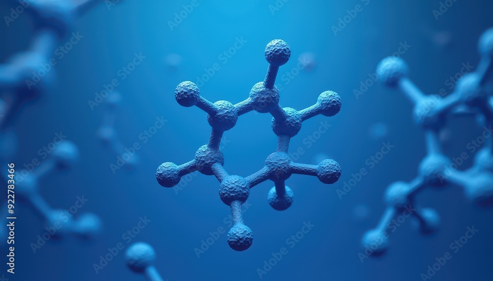 Poster 3d rendering of blue molecular structures against a gradient blue background.