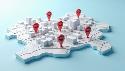 3D map with red location markers, representing geographical points of interest.