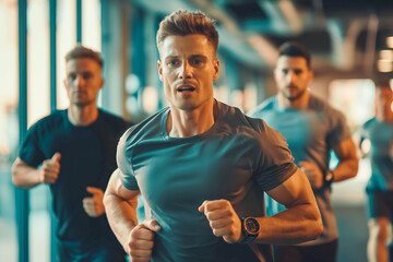 Determined man practicing jogging with male friends during exercise class in gym.