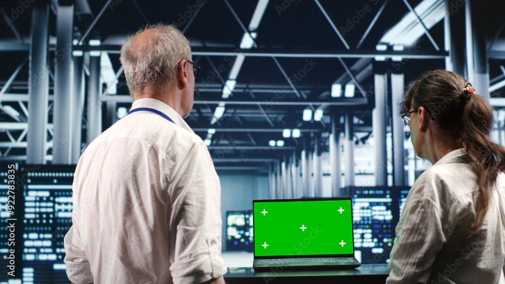 Poster certified it programmers looking around high tech data center, using green screen laptop to crossche