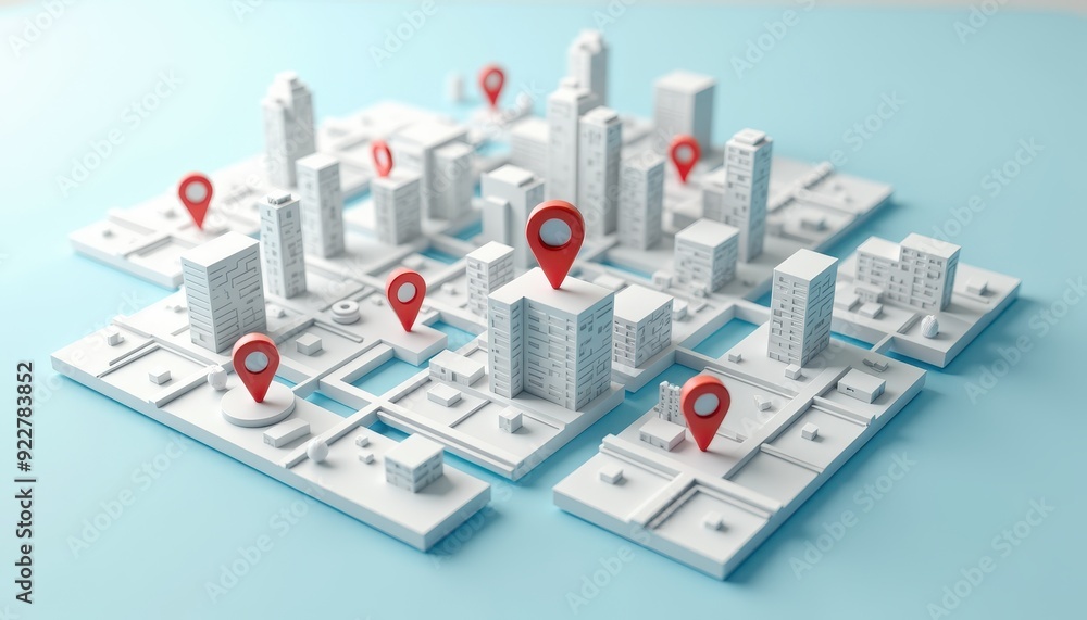 Poster 3d illustration of a city with location markers for mapping and navigation concepts.