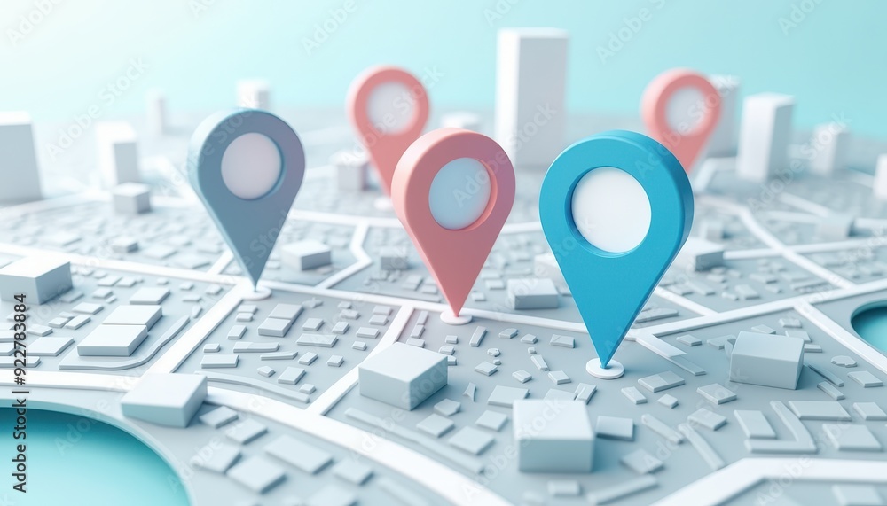 Poster 3d illustration of map markers on a city map with a soft pastel color scheme.